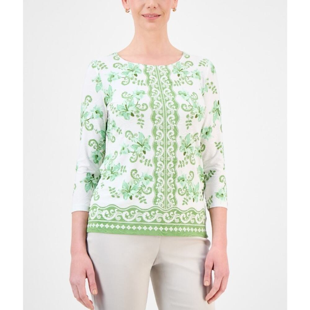 JM Collection Women's Printed 3/4 Sleeve Scoop-Neck Jacquard Top Size XL